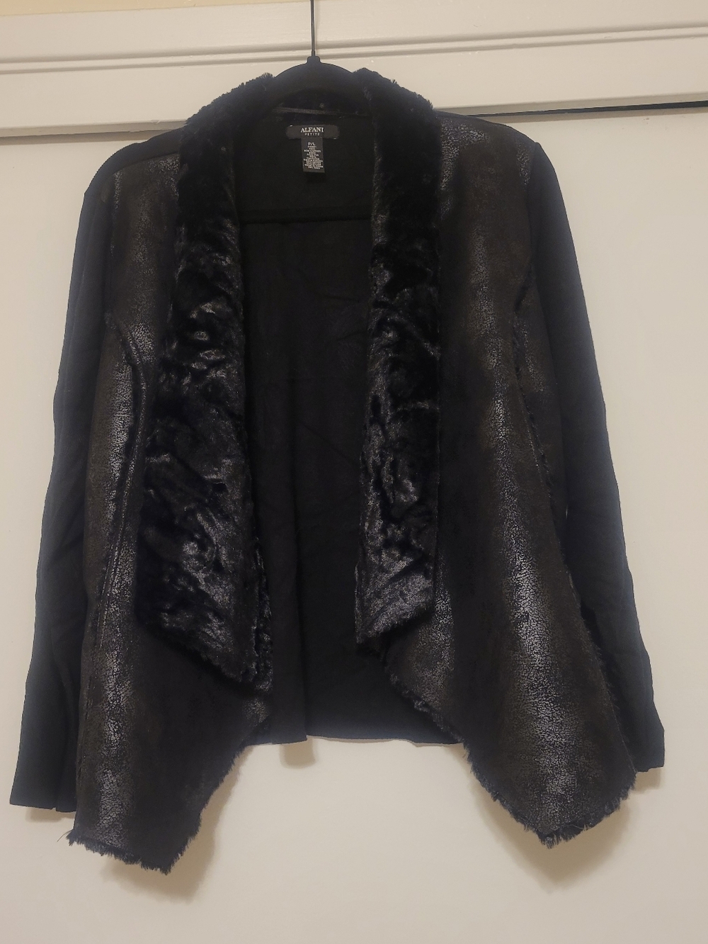 Alfani Petite Faux Fur Trim Open Front Jacket Black Size PL
